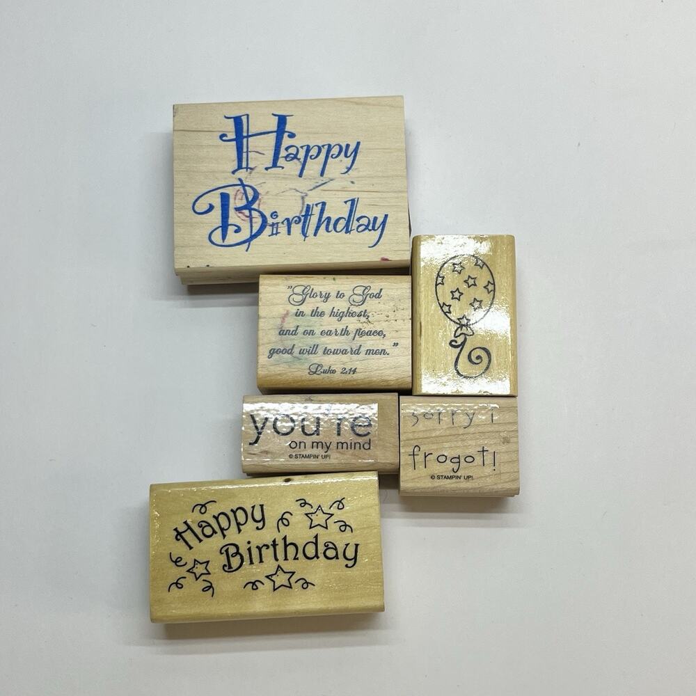 collection‎ of wooden rubber stamps various phrases and designs happy birthday